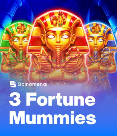 Las tres momias doradas de 3 Fortune Mummies con tocados verde, rojo y azul sobre fondo azul