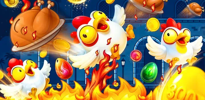 Gallinas animadas saltando entre llamas y monedas doradas en un juego crash