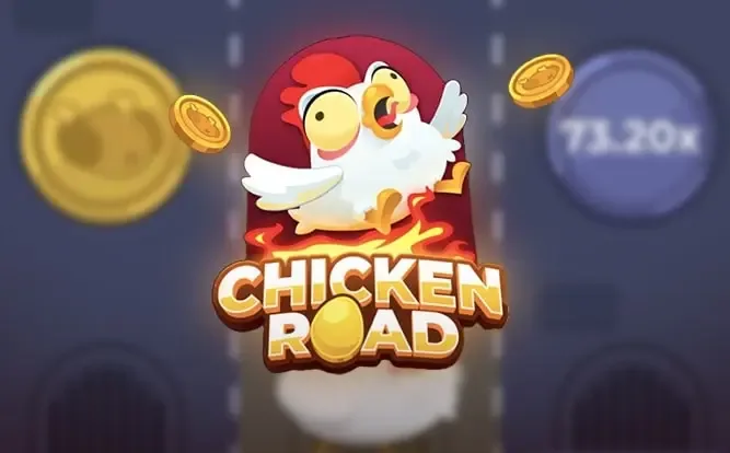 Gallina de Chicken Road junto a monedas doradas y un multiplicador de 73,20x en pantalla