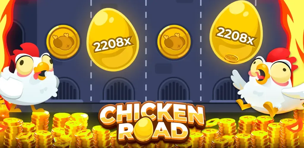 Dos gallinas animadas junto a huevos dorados con multiplicador de 2208x sobre una carretera en Chicken Road