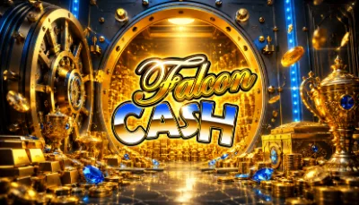 Arte de Falcon Cash con una bóveda dorada abierta llena de lingotes y gemas azules