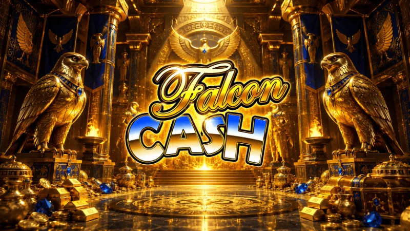 Templo dorado con dos halcones de oro custodiando la entrada en Falcon Cash