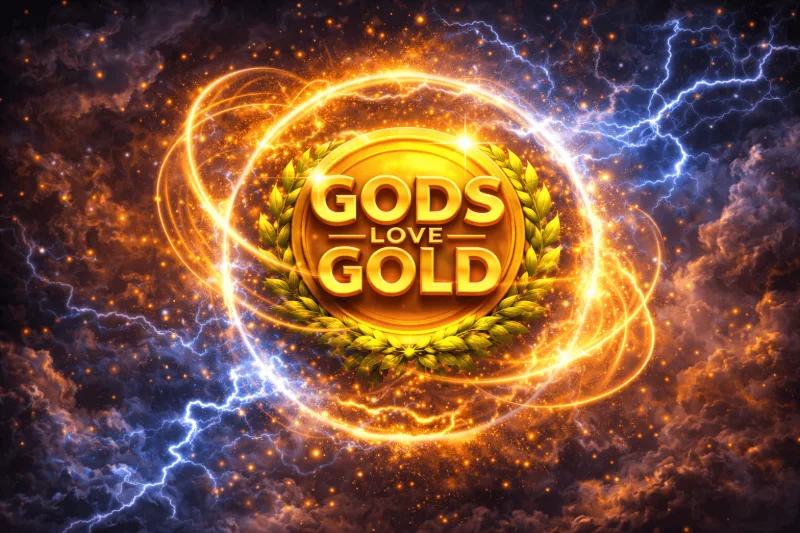 Corona de laurel dorada rodeada de rayos azules y nubes de tormenta en Gods Love Gold