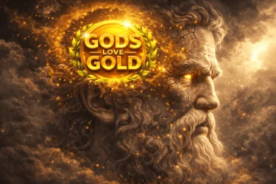 Rostro de piedra de Zeus entre nubes doradas en el arte de Gods Love Gold