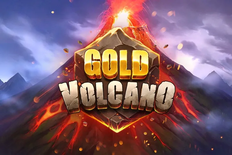 Volcán en erupción con lava descendiendo por las laderas tras el logotipo de piedra de Gold Volcano