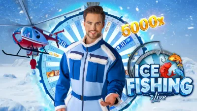Presentador de Ice Fishing Live junto a la rueda de premios del game show de Evolution